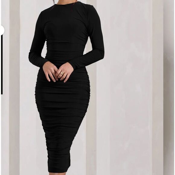 CLUB L LONDON EMILIE
BLACK RUCHED LONG-SLEEVE MIDI DRESS SIZE 2 NWT - Picture 3 of 9